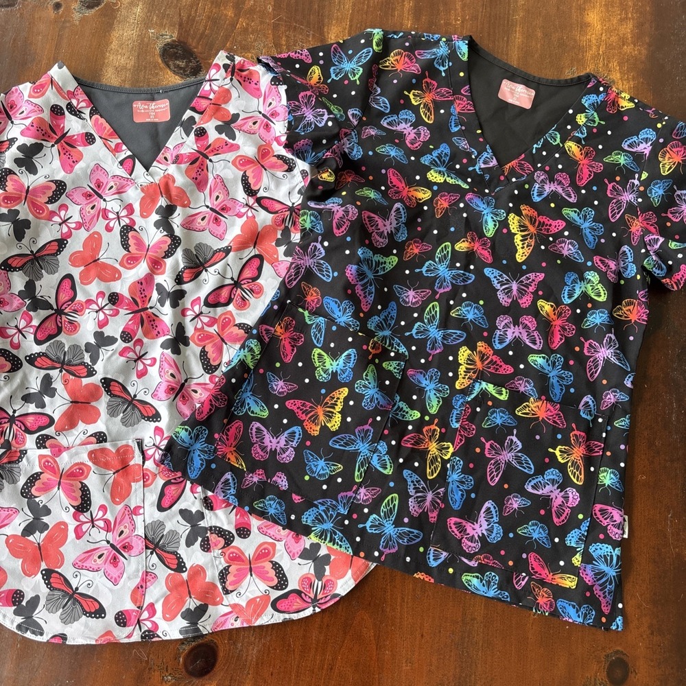 Scrub Tops (2) Ava Therese Butterfly Print Women's Medical‎ Uniform Size XSmall